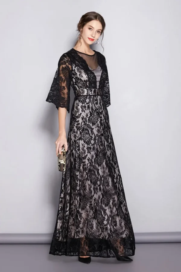 Alternative view of Women's Runway Dresses O Neck Half Sleeves Embroidery Lace Sexy Tulle Laid Over Party Prom Elegant Long Dresses