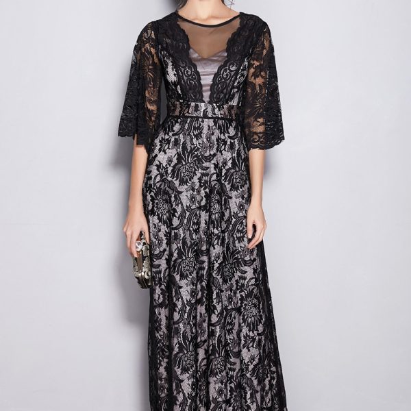 Women's Runway Dresses O Neck Half Sleeves Embroidery Lace Sexy Tulle Laid Over Party Prom Elegant Long Dresses