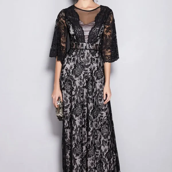 Women's Runway Dresses O Neck Half Sleeves Embroidery Lace Sexy Tulle Laid Over Party Prom Elegant Long Dresses