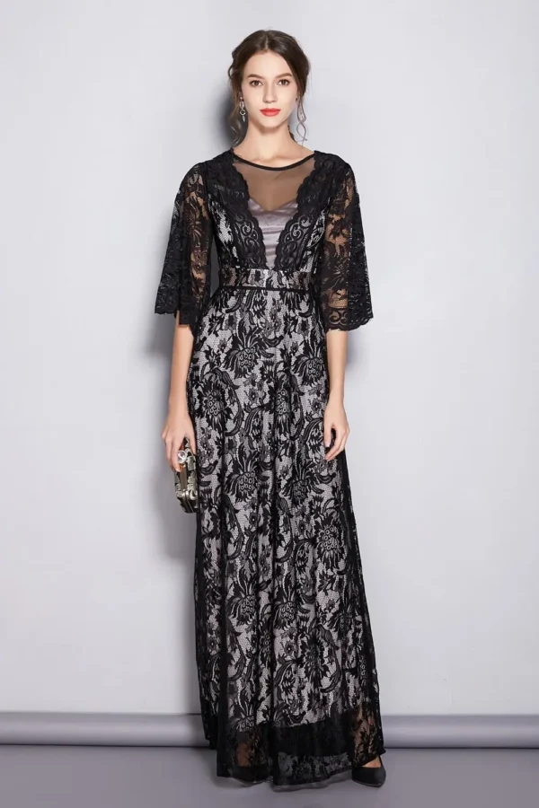 Women's Runway Dresses O Neck Half Sleeves Embroidery Lace Sexy Tulle Laid Over Party Prom Elegant Long Dresses