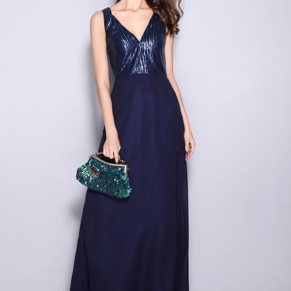 Women's Runway Dresses Sexy V Neck Sleeveless Sequined Bodice Split Party Prom Fashion Long Dresses