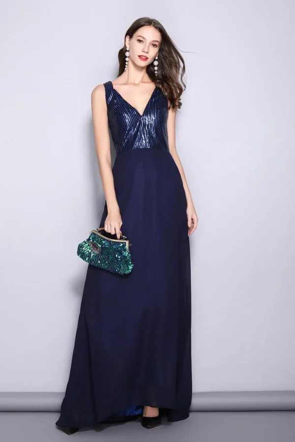 Women's Runway Dresses Sexy V Neck Sleeveless Sequined Bodice Split Party Prom Fashion Long Dresses