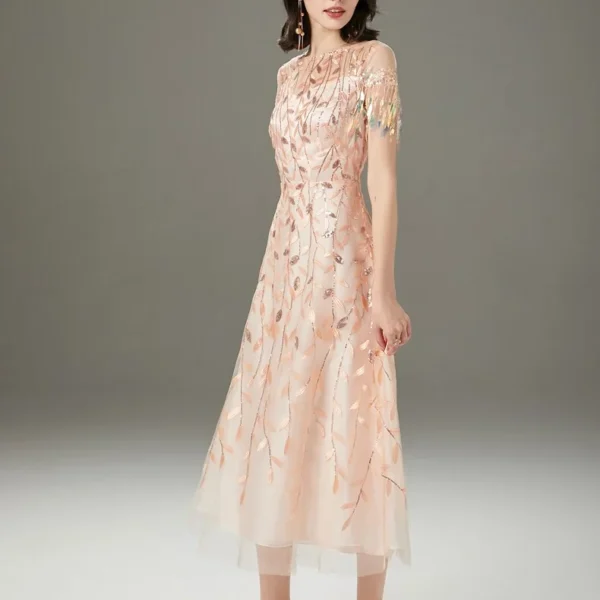Alternative view of Women's Runway Dresses O Neck Short Sleeves Embroidery Beaded Layered Fashion Mid Calf Dresses