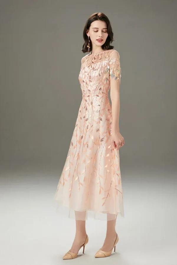 Alternative view of Women's Runway Dresses O Neck Short Sleeves Embroidery Beaded Layered Fashion Mid Calf Dresses