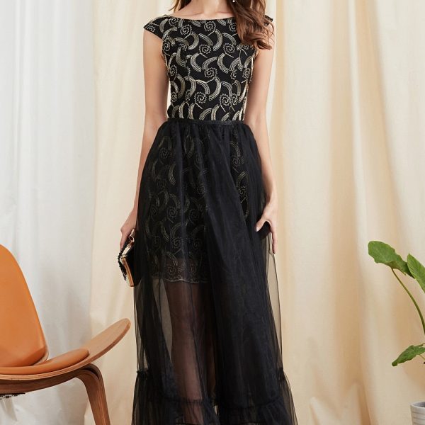 Women's Twinsets Prom Slash Neckline Short Sleeves Embroidery Dresses with Ruffles Skirts Fashion Two Piece Dress Sets