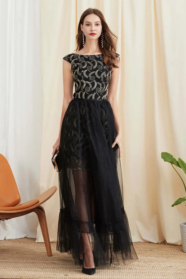 Women's Twinsets Prom Slash Neckline Short Sleeves Embroidery Dresses with Ruffles Skirts Fashion Two Piece Dress Sets