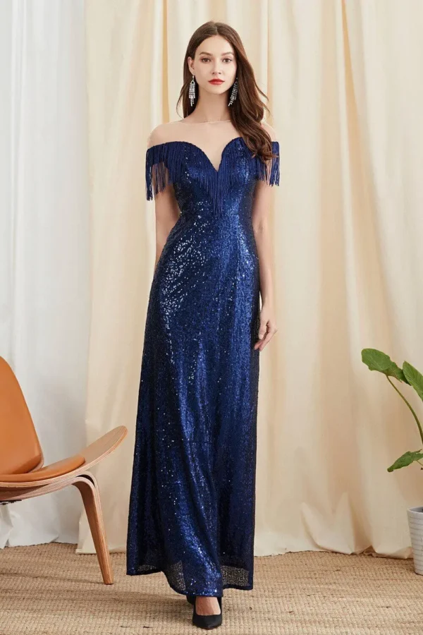 Women's Party Dresses O Neck Short Sleeves Tassels Sequined Patchwork Elegant Long Prom Dresses