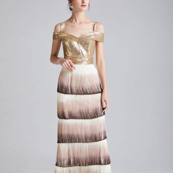 Women's Runway Dresses Sexy Spaghetti Straps Sequined Patchwork Tiered Tassels Fashion Long Party Prom Dresses