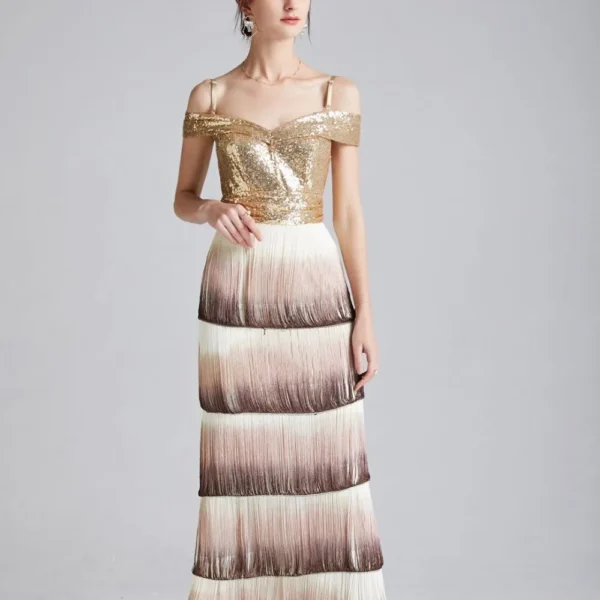 Women's Runway Dresses Sexy Spaghetti Straps Sequined Patchwork Tiered Tassels Fashion Long Party Prom Dresses