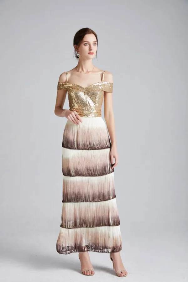 Women's Runway Dresses Sexy Spaghetti Straps Sequined Patchwork Tiered Tassels Fashion Long Party Prom Dresses