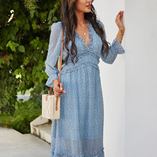 Alternative view of Sexy V Neck Floral Dress Ladies Butterfly Sleeve High Waist Casual Print Dresses For Women Summer Chiffon Dress