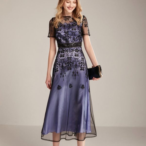 Alternative view of Women's Runway Dresses O Neck Short Sleeves Embroidery Beaded Elegant Fashion Mid Calf Dresses