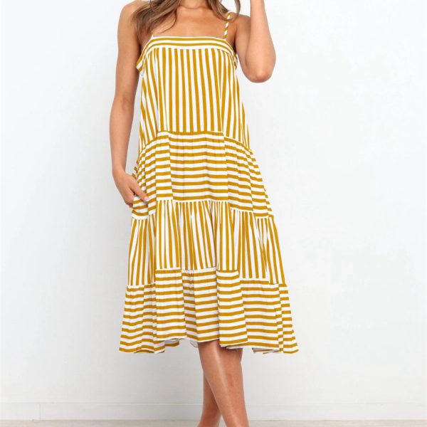 Alternative view of Loose Striped Spaghetti Strap Dress Women Spring Summer Patchwork Backless Medium Long Ladies Sling Dress