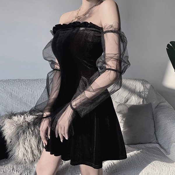 2021 Gothic Sexy Dress Vintage Off Shoulder Lantern Sleeve Mesh Patchwork Velvet Mini Dress Dark Street Black Dress for Female - Hplify