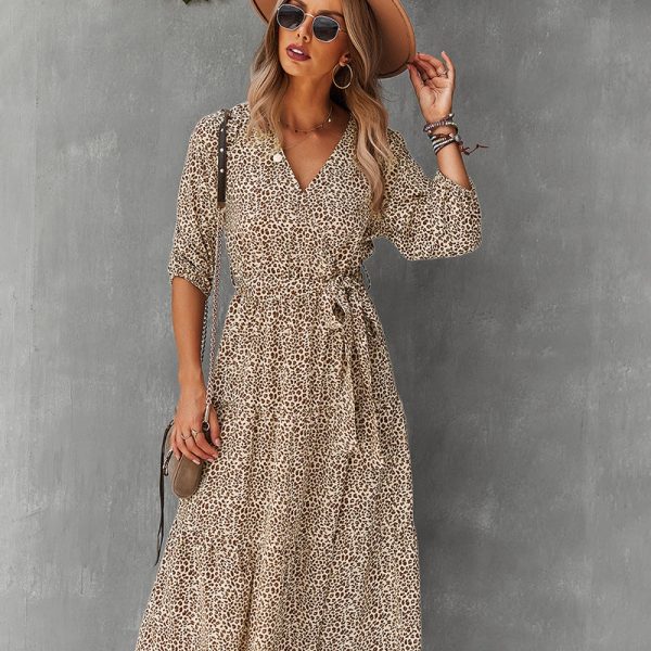 Autumn Winter Long Leopard Print Dress Women Casual V Neck Three Quarter Sleeve Bandage Maxi Dresses Female Leisure
