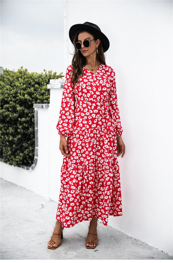 Fashionable Women Fall Winter V Neck Lace Up Lantern Sleeve Casual All Match A Line Long Printed Dress For Female