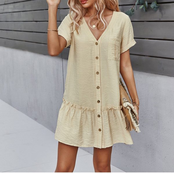 Alternative view of Solid Short Dress Women Casual V Neck Single Breasted Spring Summer Ladies Loose A Line Dresses