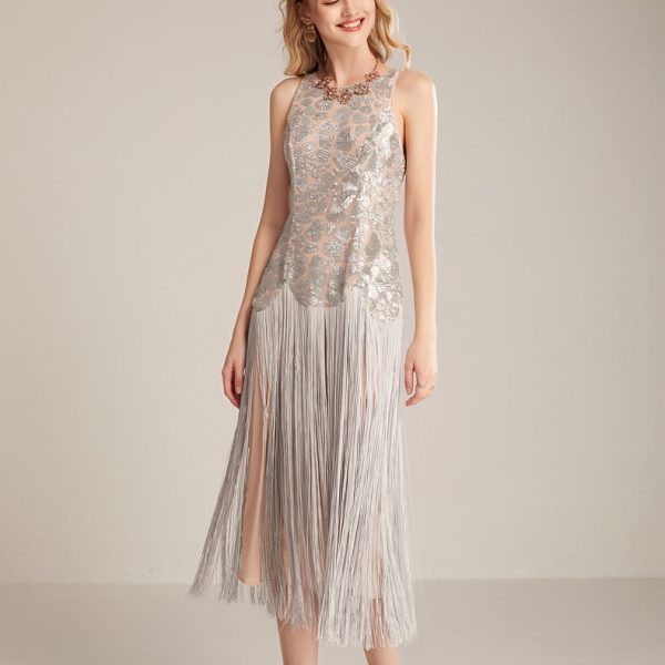 Women's Runway Dresses O Neck Sleeveless Sequined Bodice Tassels Detailing Elegant Fashion Mid Calf Party Prom