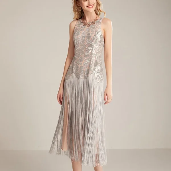 Women's Runway Dresses O Neck Sleeveless Sequined Bodice Tassels Detailing Elegant Fashion Mid Calf Party Prom