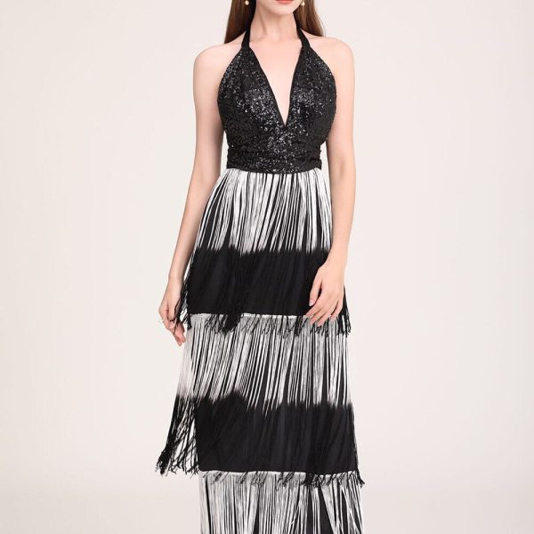 Alternative view of Women's Party Dress Sexy Low V Back Sequined Bodice Spaghetti Straps Tiered Tassels Fashion Long Prom Dresses