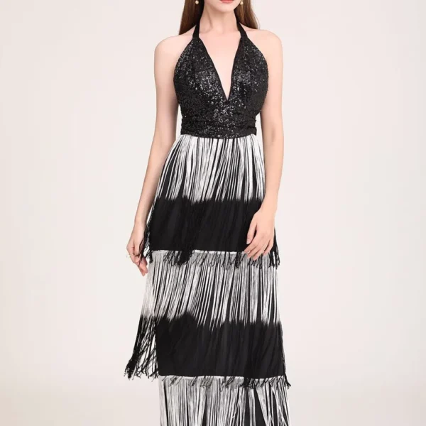 Alternative view of Women's Party Dress Sexy Low V Back Sequined Bodice Spaghetti Straps Tiered Tassels Fashion Long Prom Dresses