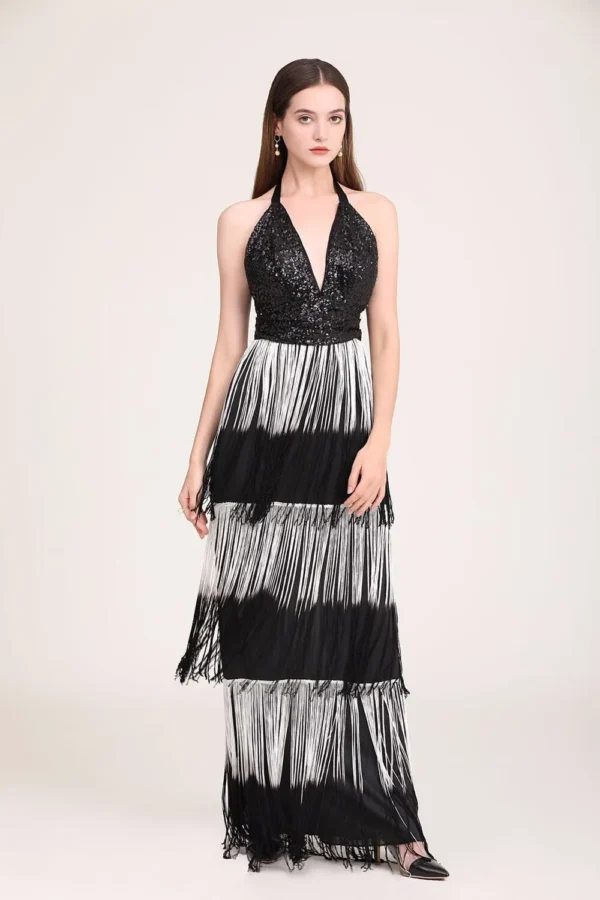 Alternative view of Women's Party Dress Sexy Low V Back Sequined Bodice Spaghetti Straps Tiered Tassels Fashion Long Prom Dresses