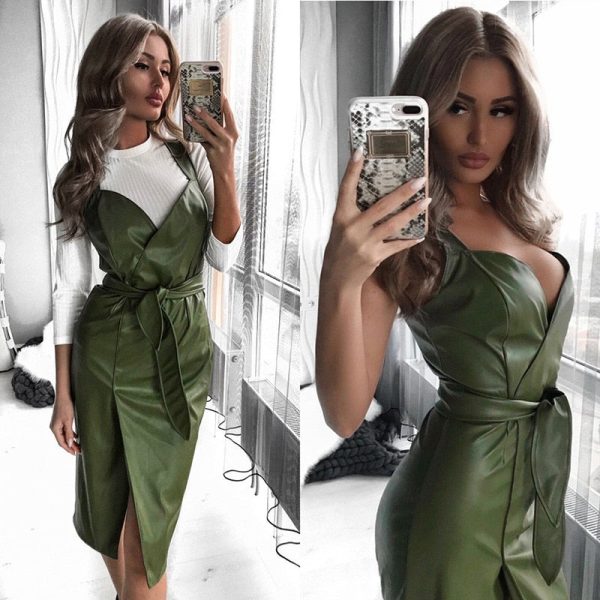 Alternative view of Women Sexy Sashes Pu Leather Sheath Party Dress Sleeveless Sling tight Cortex Winter Dress  Fashion Midi Dress Vestidos