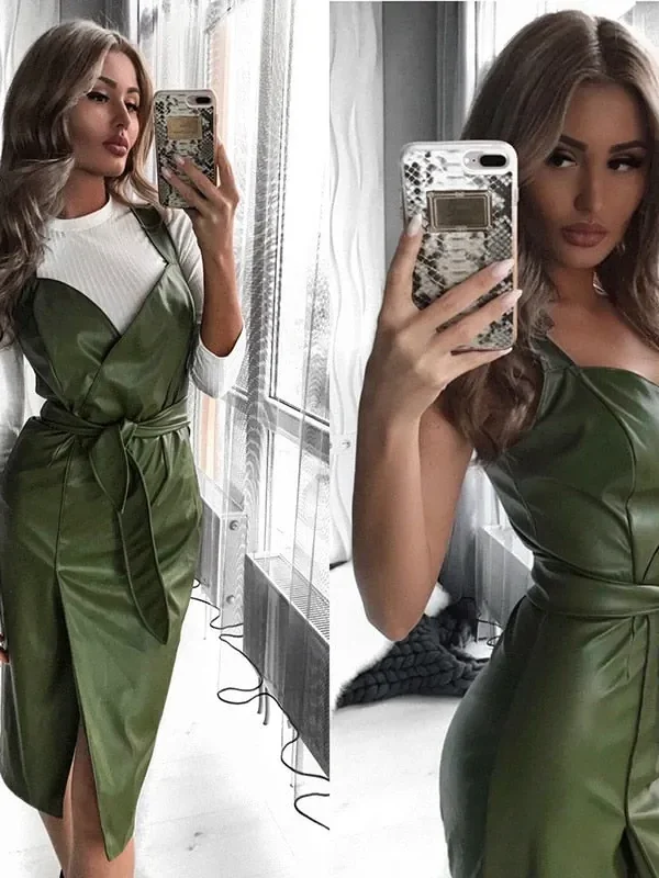 Alternative view of Women Sexy Sashes Pu Leather Sheath Party Dress Sleeveless Sling tight Cortex Winter Dress  Fashion Midi Dress Vestidos