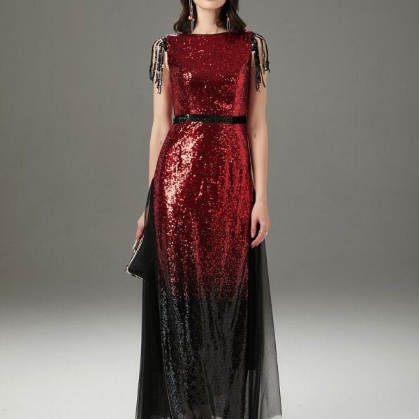Women's Runway Dresses O Neck Sleeveless Sequined Tassels Color Block Layered Elegant Party Prom Dresses