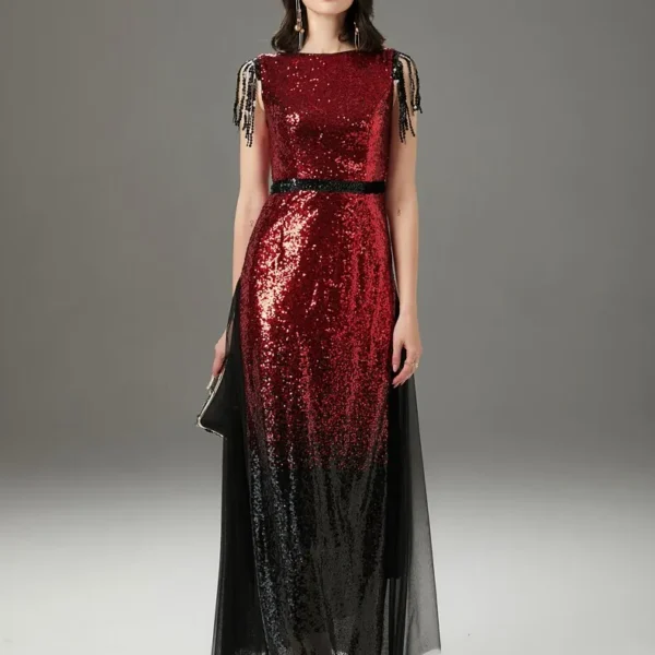 Women's Runway Dresses O Neck Sleeveless Sequined Tassels Color Block Layered Elegant Party Prom Dresses