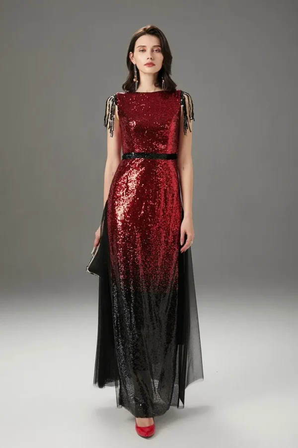 Women's Runway Dresses O Neck Sleeveless Sequined Tassels Color Block Layered Elegant Party Prom Dresses