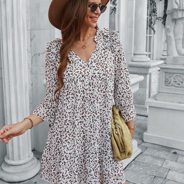 Alternative view of Sexy Leopard Dot Print Short Dress For Women Casual V Neck Ruffles Full Sleeve Spring Summer Chiffon Mini Dress