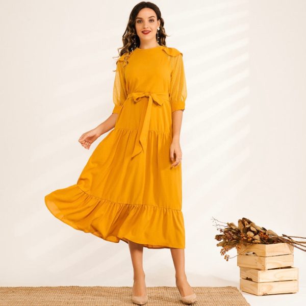 Summer Midi Dress Women Yellow Ruffled Hem Draped Back Buckle O-neck Mesh Lantern Half Sleeve Loose Casual Elegant Robe