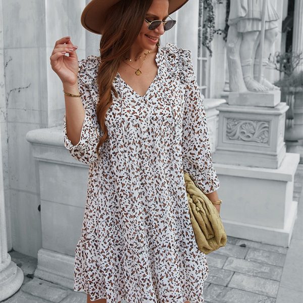 Sexy Leopard Dot Print Short Dress For Women Casual V Neck Ruffles Full Sleeve Spring Summer Chiffon Mini Dress