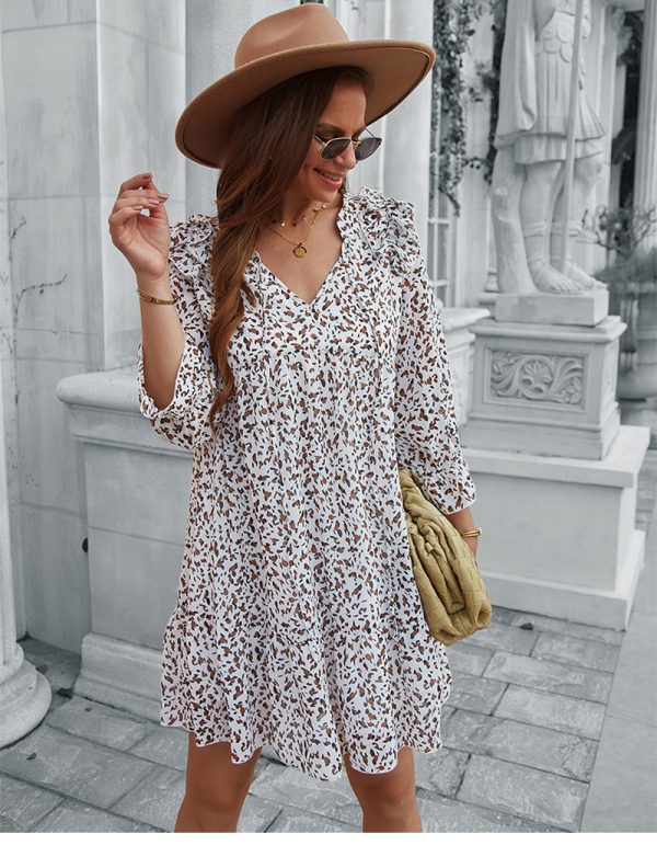 Sexy Leopard Dot Print Short Dress For Women Casual V Neck Ruffles Full Sleeve Spring Summer Chiffon Mini Dress