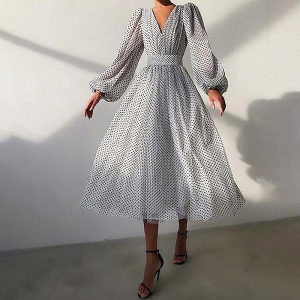 Polka Dot High Waist Midi Dresses Women V-Neck Sweet Long Puff Sleeve Elegant Dress Female 2021 Christmas Lady Party Vestidos - Hplify