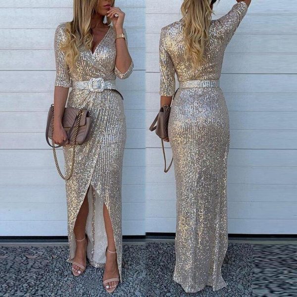 Half sleeve sequined dress women High slit belted sashes long dress v neck bodycon party dresses robe femme - Hplify