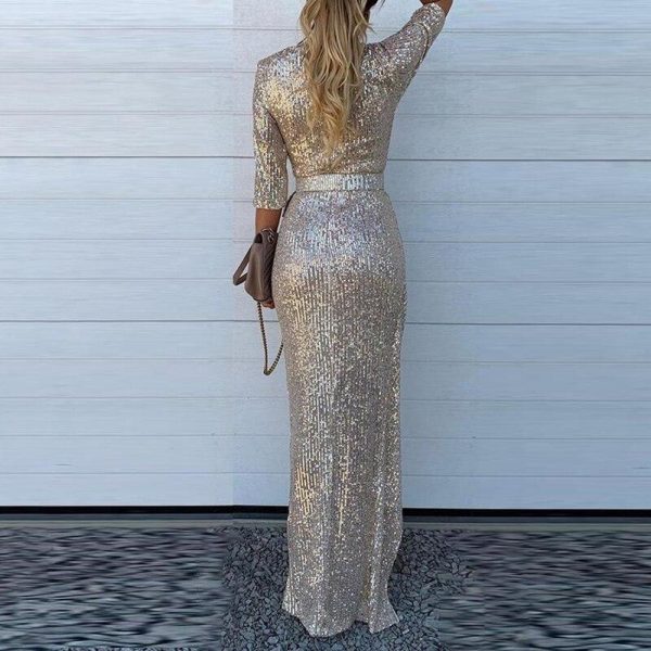 Half sleeve sequined dress women High slit belted sashes long dress v neck bodycon party dresses robe femme - Hplify