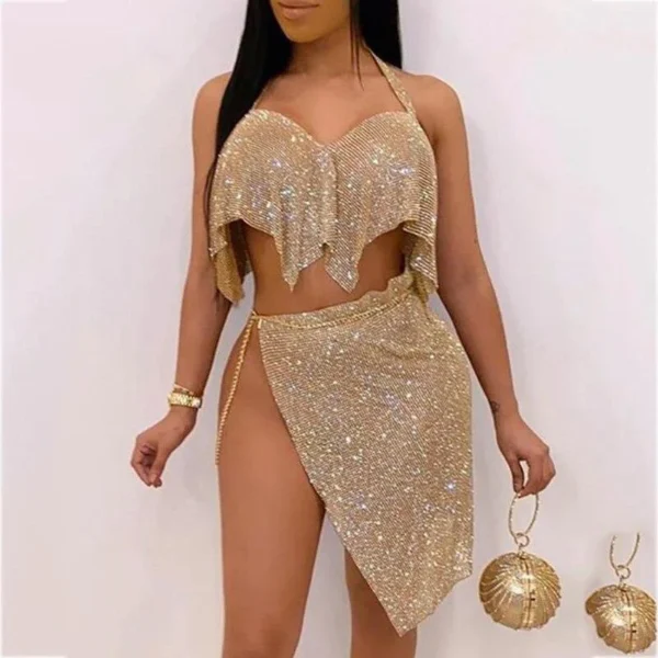 Halter Backless Sequin Top & Slit Skirt Sets Women Night Wear Club Outfits Two Piece Set - Hplify