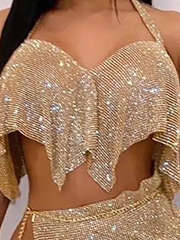 Halter Backless Sequin Top & Slit Skirt Sets Women Night Wear Club Outfits Two Piece Set - Hplify