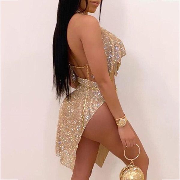 Halter Backless Sequin Top & Slit Skirt Sets Women Night Wear Club Outfits Two Piece Set - Hplify