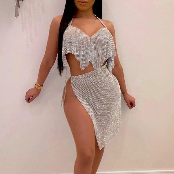 Halter Backless Sequin Top & Slit Skirt Sets Women Night Wear Club Outfits Two Piece Set - Hplify