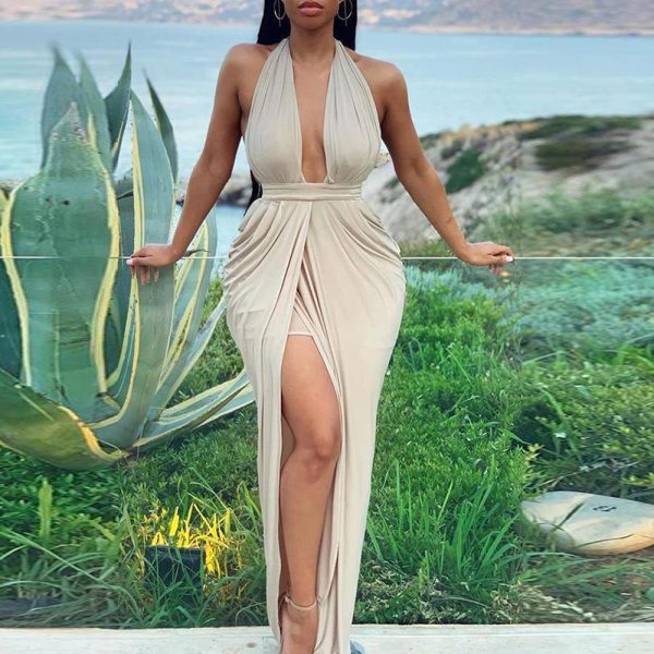 Halter Plunge Thigh Slit Maxi Dress - Hplify