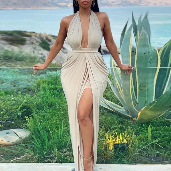 Halter Plunge Thigh Slit Maxi Dress - Hplify