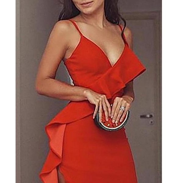 Halter Ruffles Hem High Slit Party Dress Women Spaghetti Strap V Neck Sexy Long Dress Summer Elegant Formal Maxi Vestidos - Hplify