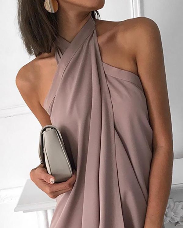 Halter Sleeveless Ruched Design Dress Women Solid Color Elegant Party Dress Summer Black Vestidos Mujer - Hplify