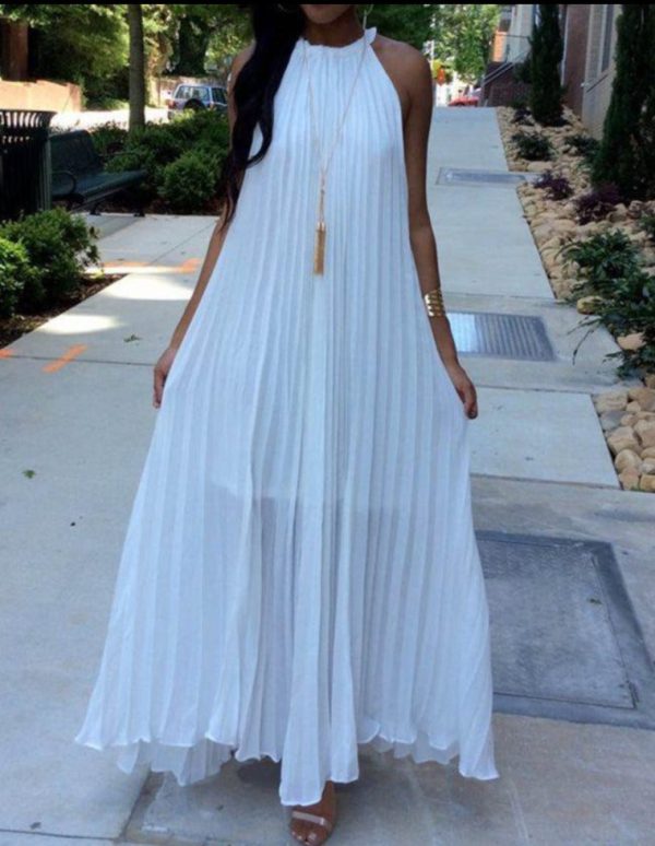 Halter White Pleated Maxi Dress Women Sundress Party Elegant Summer Loose Solid Blue Pleated Long Dresses Robe Femme - Hplify