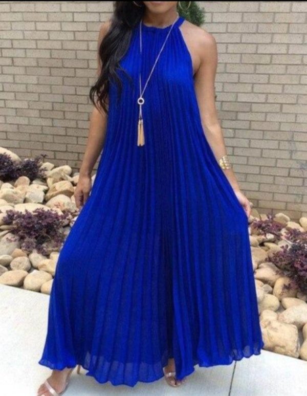 Halter White Pleated Maxi Dress Women Sundress Party Elegant Summer Loose Solid Blue Pleated Long Dresses Robe Femme - Hplify