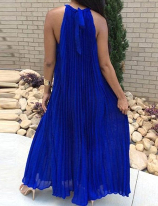 Halter White Pleated Maxi Dress Women Sundress Party Elegant Summer Loose Solid Blue Pleated Long Dresses Robe Femme - Hplify