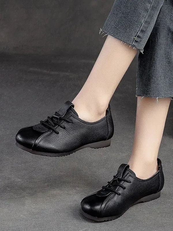 Handmade Women Flat Shoes Genuine Leather Casual Oxford Shoes For Women Flats Spring Round Toe Retro Ladies Shoes
